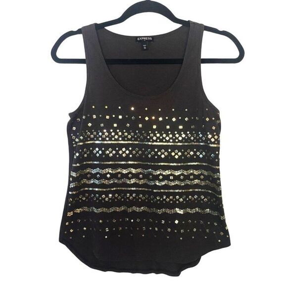 Express | Sequin Tank Gray & Gold Sleeveless Top - Picture 1 of 10
